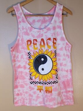 White and Pink Tie-dye Tank Top Featuring A Peace Sign, Sunflower, and Yin-yang